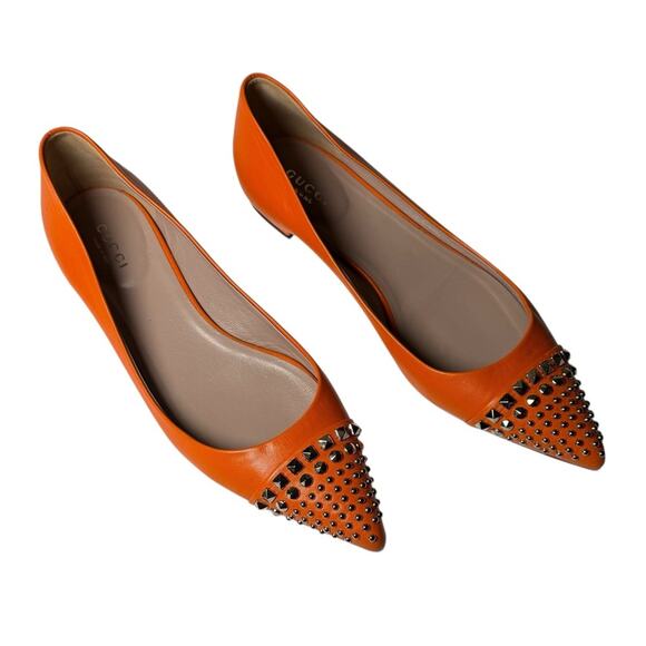 Gucci Pointed Toe Orange Leather Flats Silver Stud Toe Cap Slip On EU 37 US 7 - Picture 2 of 14